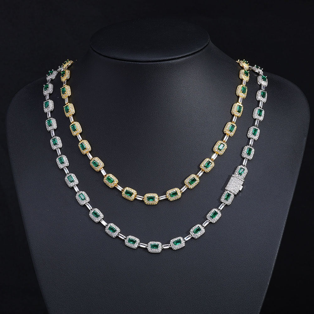 Emerald Cut Green Nano And Round White Cubic Zircon Necklace