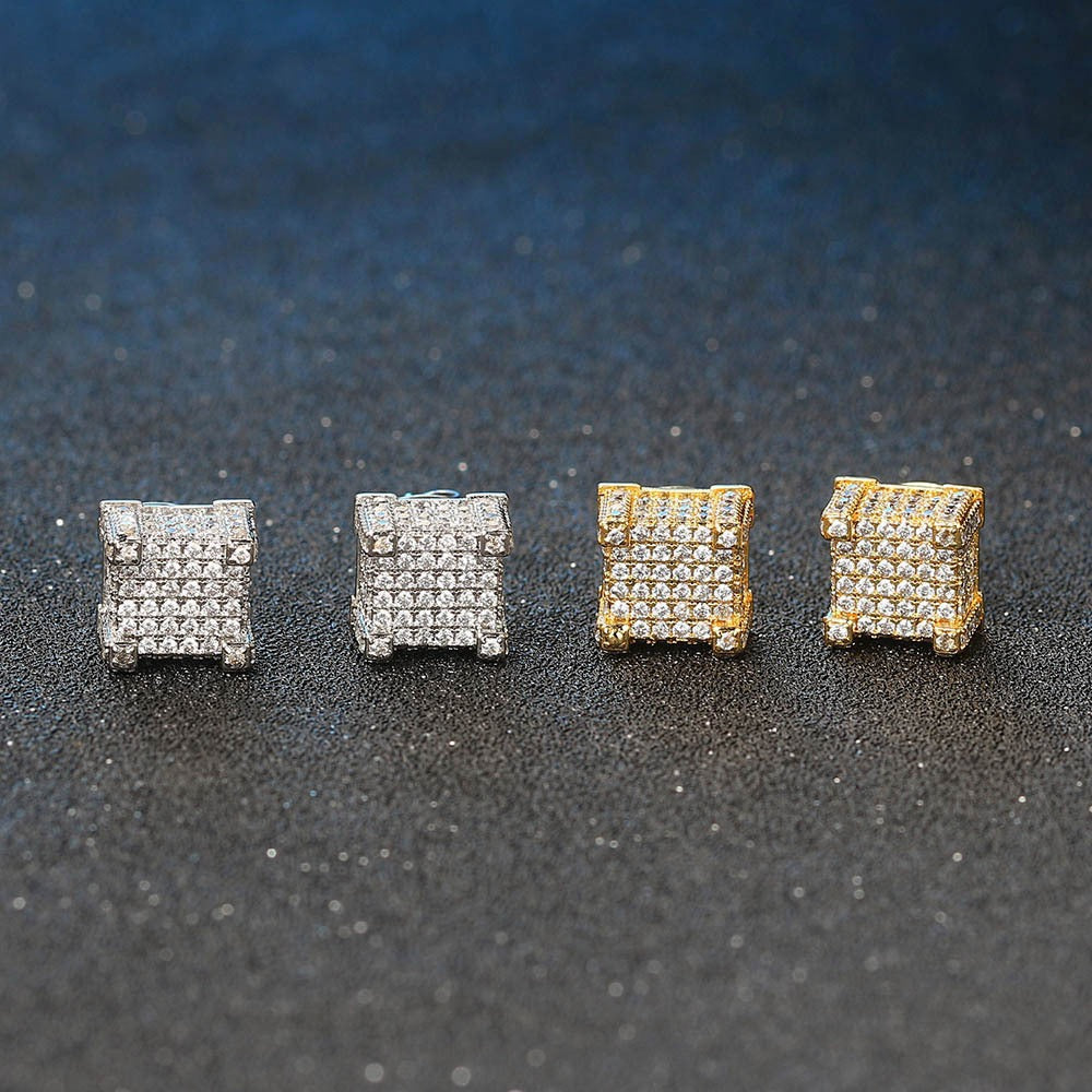 Women Iced 3D Cube Earrings In White Gold