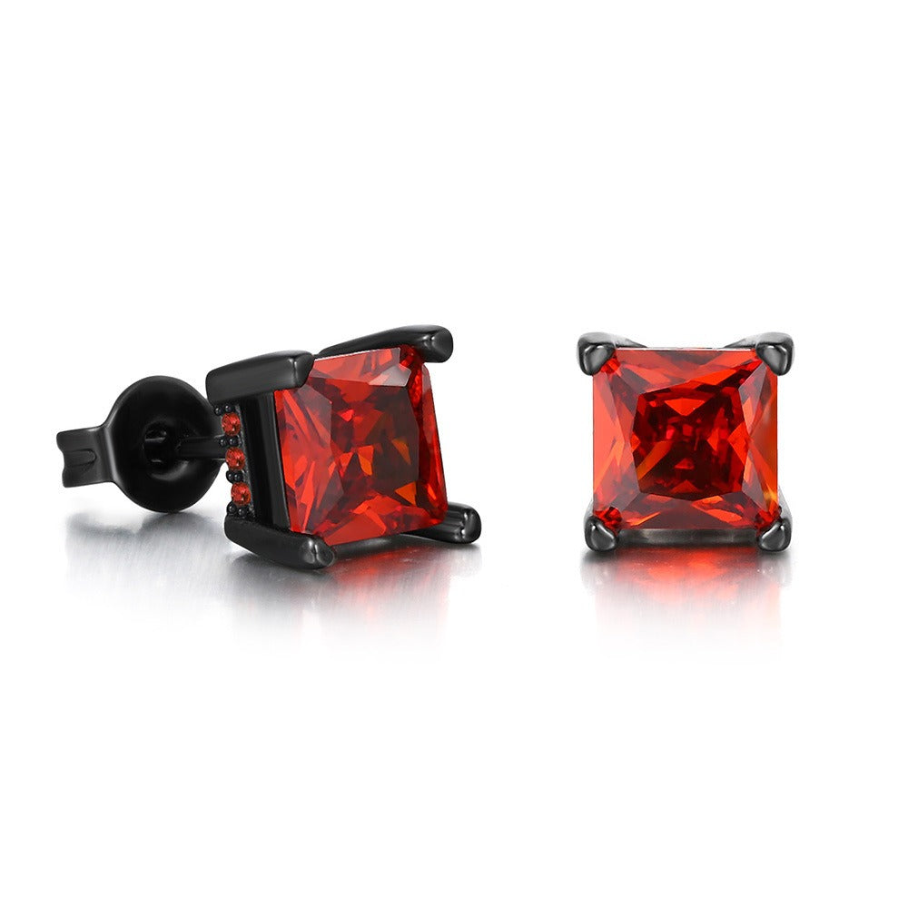 Red Stone Stud Earrings in Black Gold