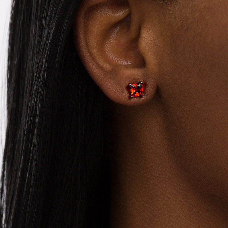Women Red Stone Stud Earrings in Black Gold