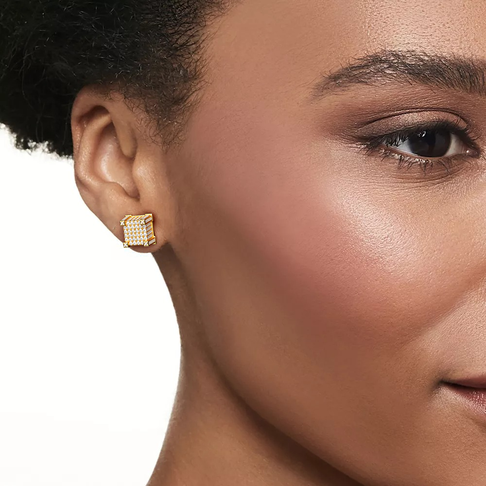 Women Iced 3D Cube Earrings In White Gold