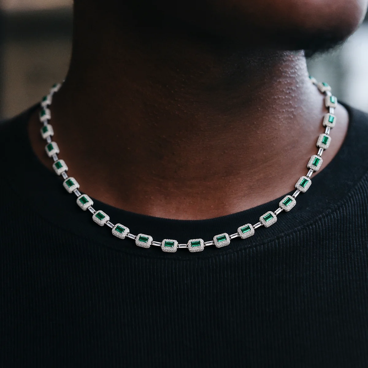 Emerald Cut Green Nano And Round White Cubic Zircon Necklace