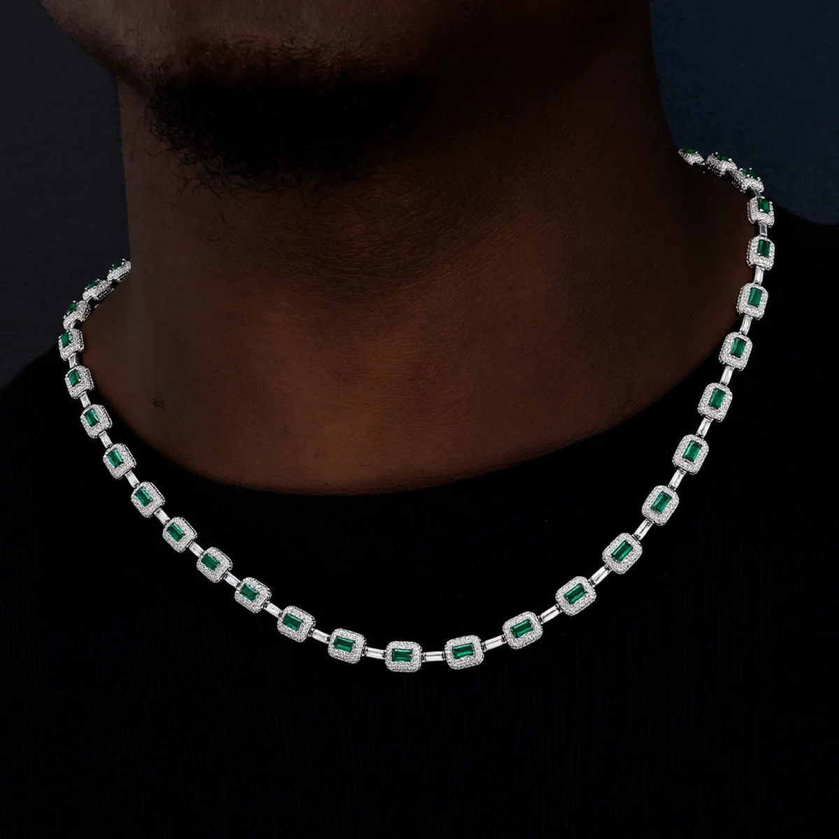 Emerald Cut Green Nano And Round White Cubic Zircon Necklace