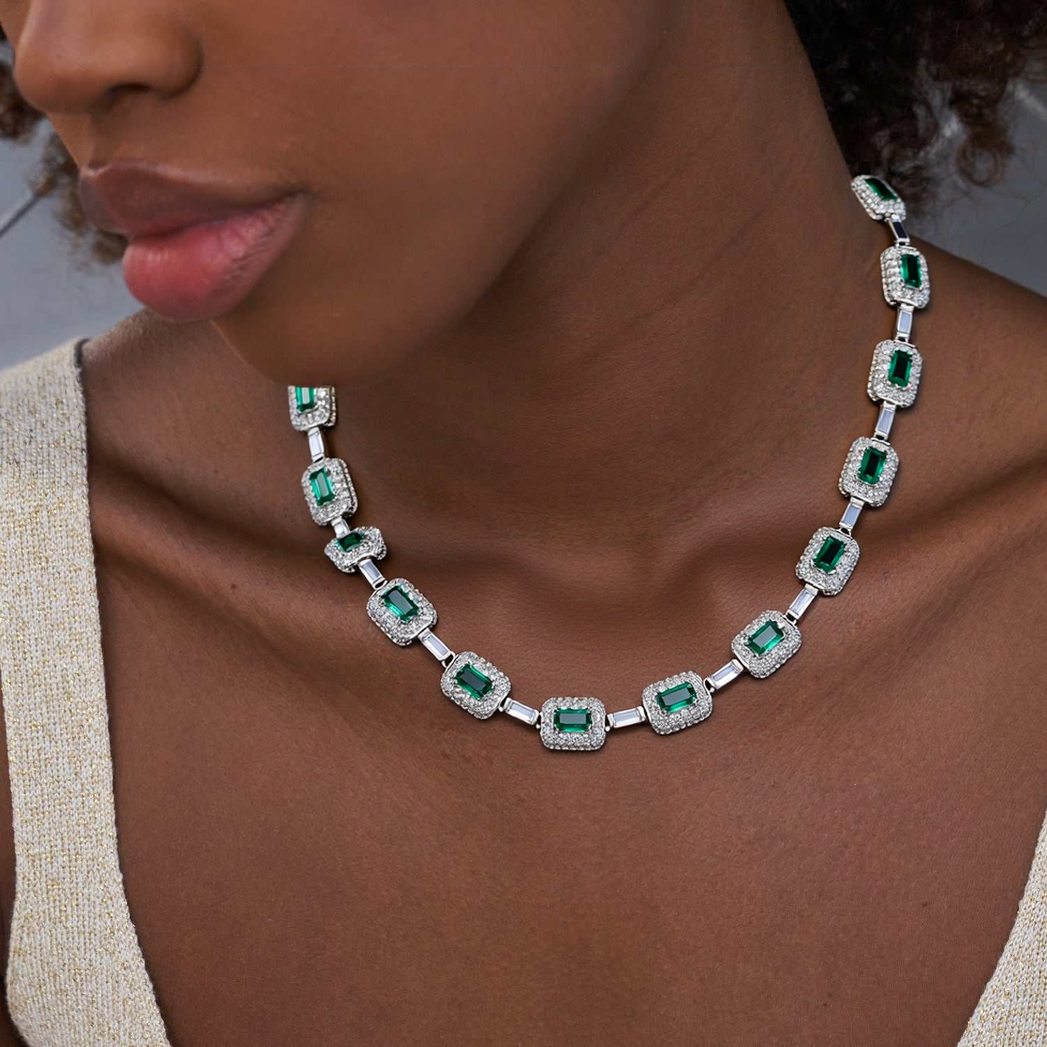 Women Emerald Cut Green Nano And Round White Cubic Zircon Necklace