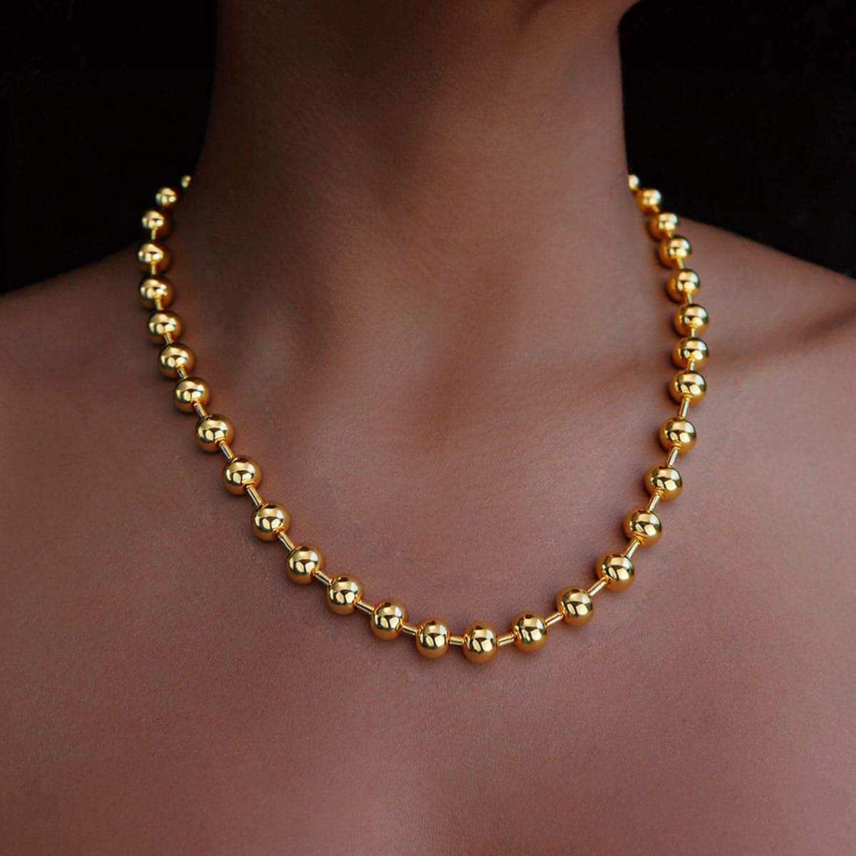 Women 8mm Glass Bead Chain Round Bead Chain Stainless Steel Hip Hop Necklace