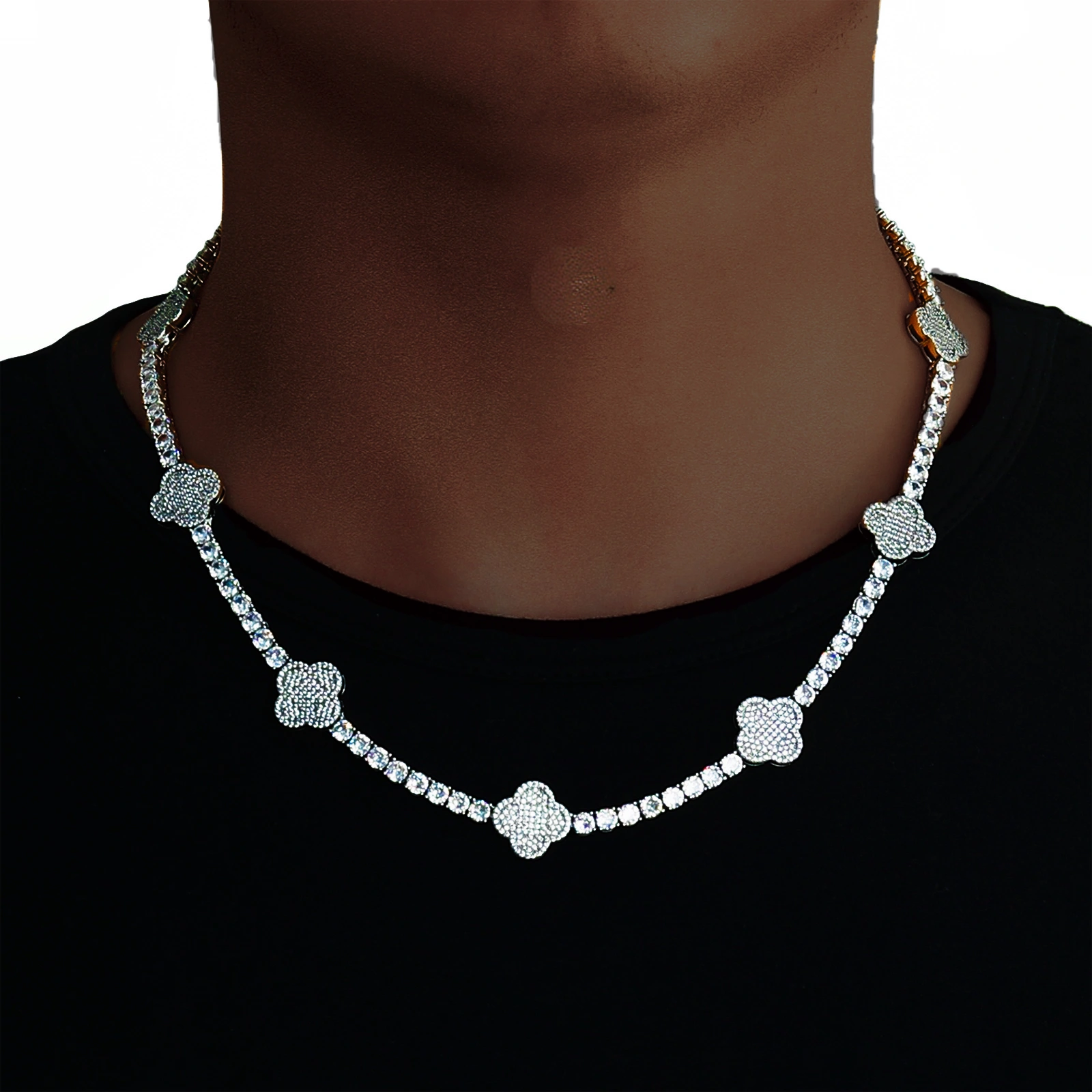 Spring Clasp Diamond Four-Leaf Clover Hip Hop Tennis Chain