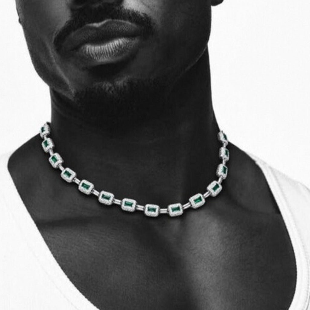 Emerald Cut Green Nano And Round White Cubic Zircon Necklace