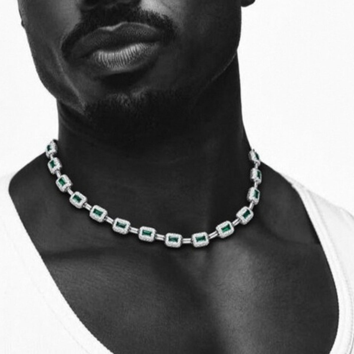 Emerald Cut Green Nano And Round White Cubic Zircon Necklace