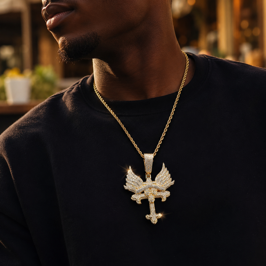 Hip Hop Angel Wings Cross Pendant