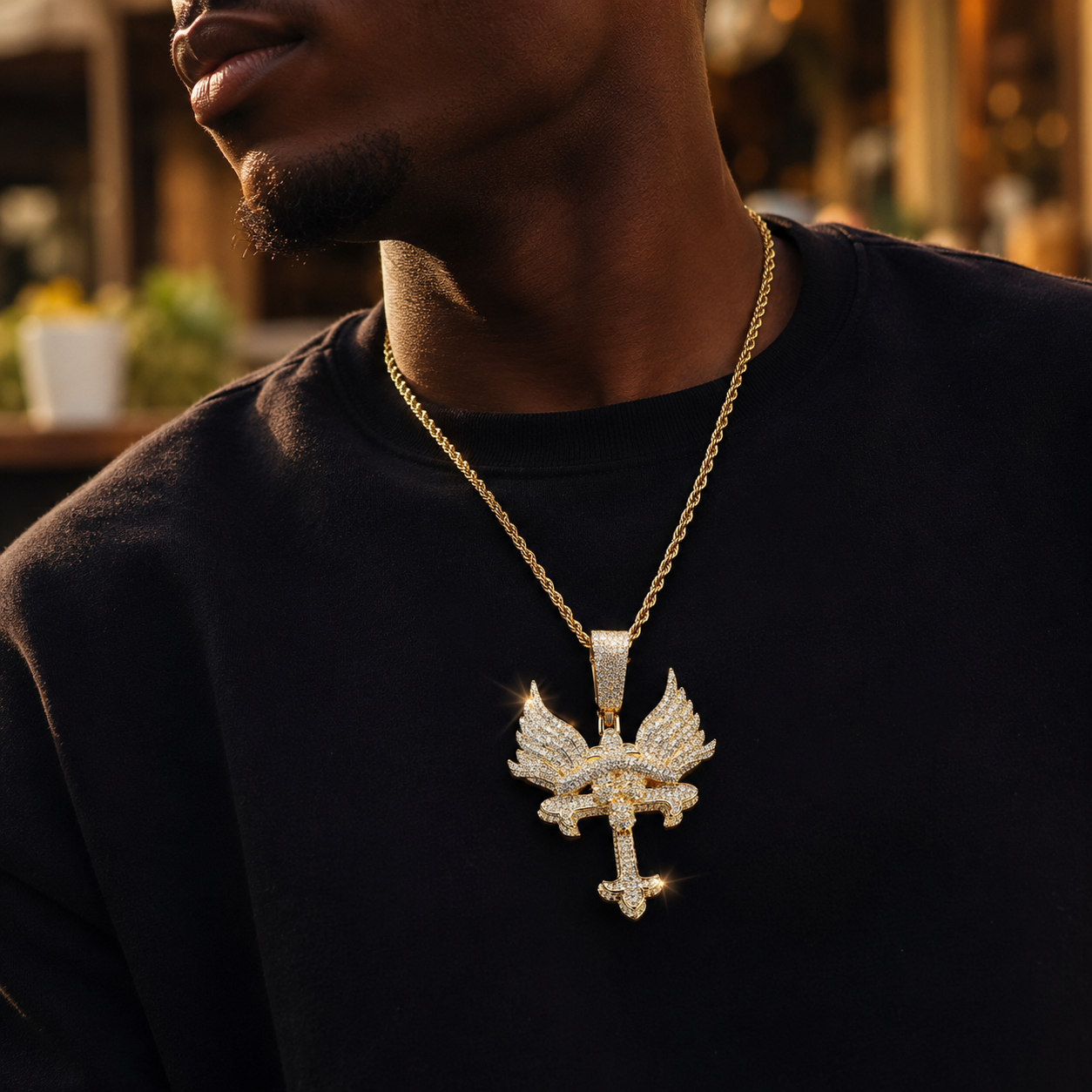 Hip Hop Angel Wings Cross Pendant
