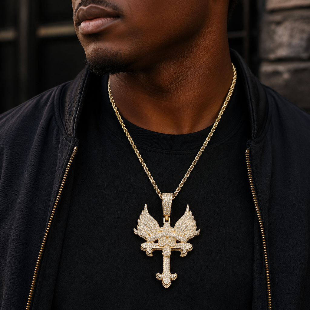 Hip Hop Angel Wings Cross Pendant