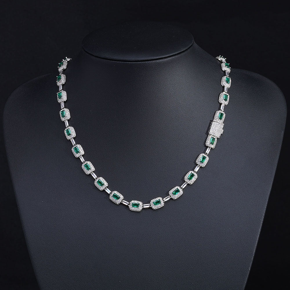 Emerald Cut Green Nano And Round White Cubic Zircon Necklace