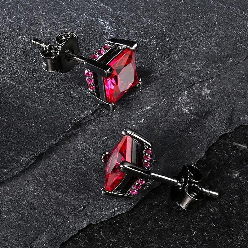 Red Stone Stud Earrings in Black Gold