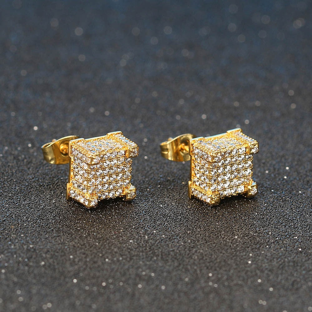 Women Iced 3D Cube Earrings In White Gold