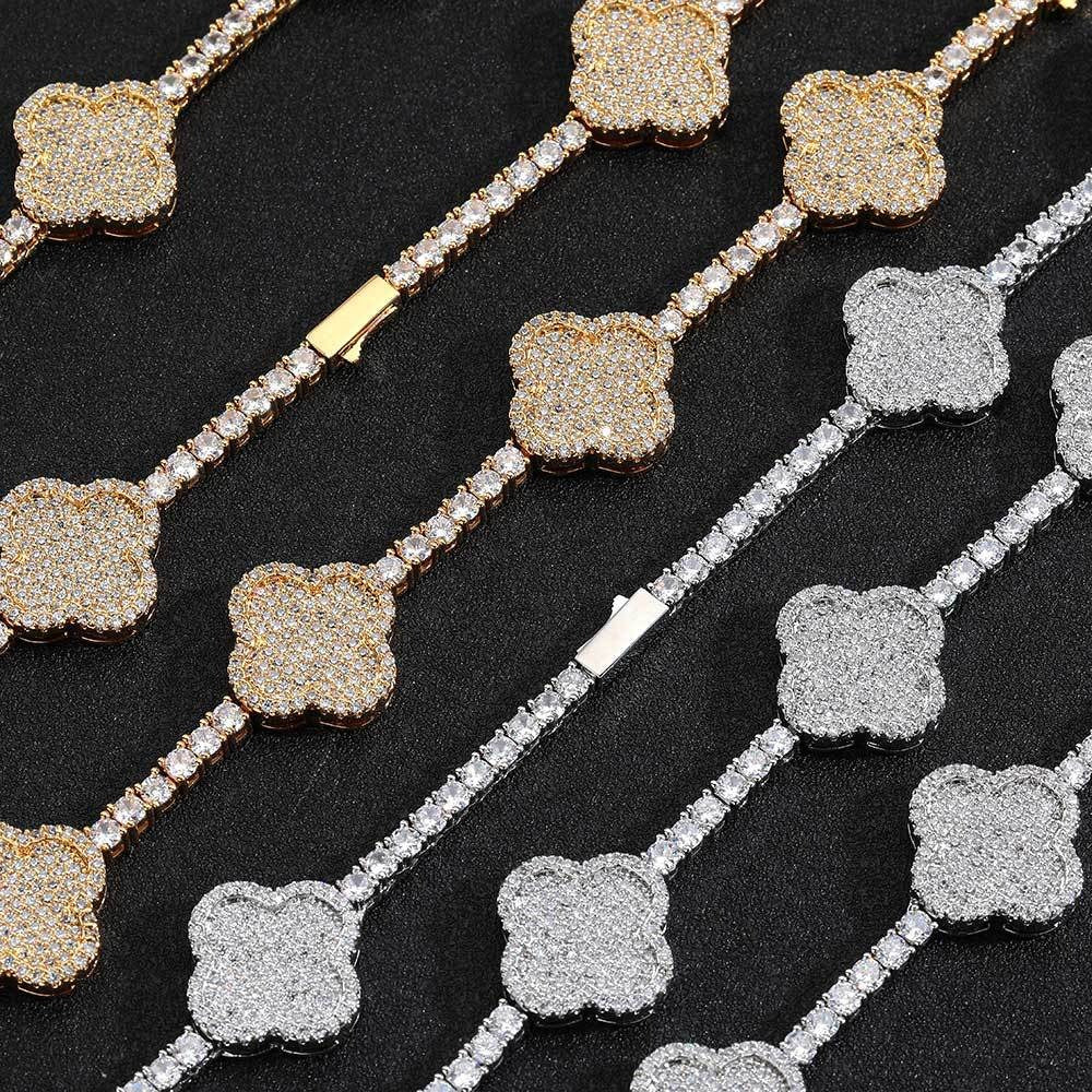 Spring Clasp Diamond Four-Leaf Clover Hip Hop Tennis Chain