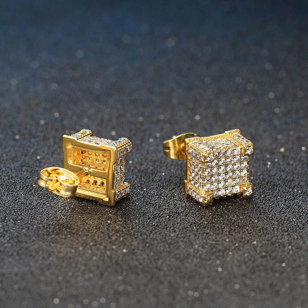 Women Iced 3D Cube Earrings In White Gold