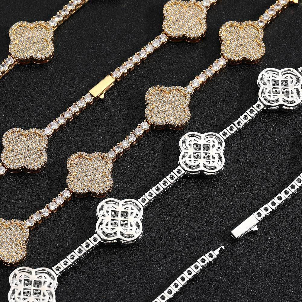 Spring Clasp Diamond Four-Leaf Clover Hip Hop Tennis Chain