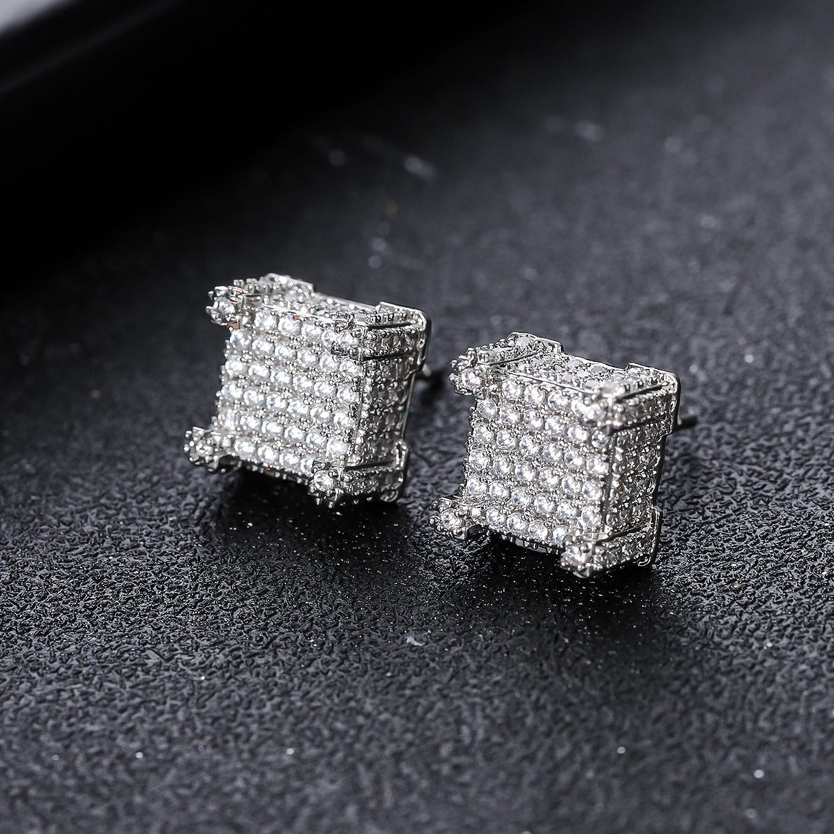 Women Iced 3D Cube Earrings In White Gold