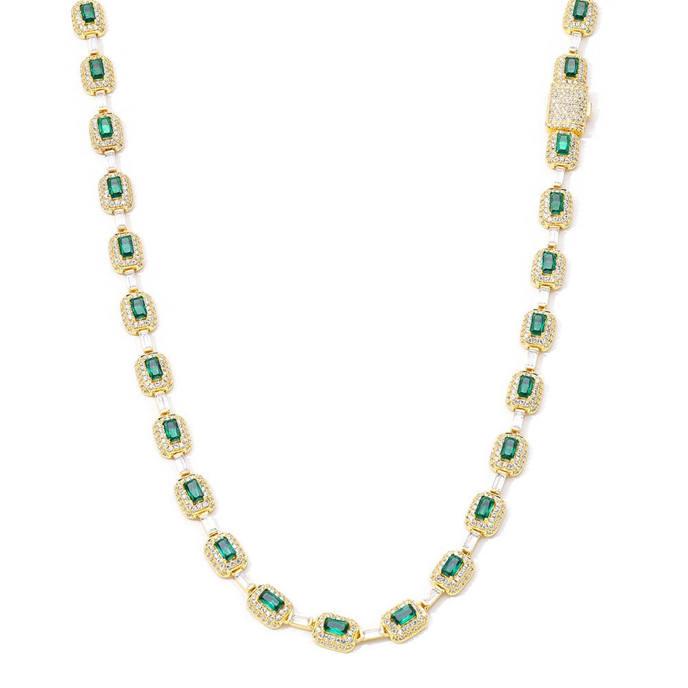 Emerald Cut Green Nano And Round White Cubic Zircon Necklace