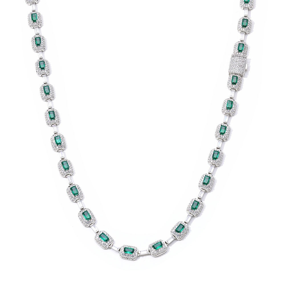 Emerald Cut Green Nano And Round White Cubic Zircon Necklace