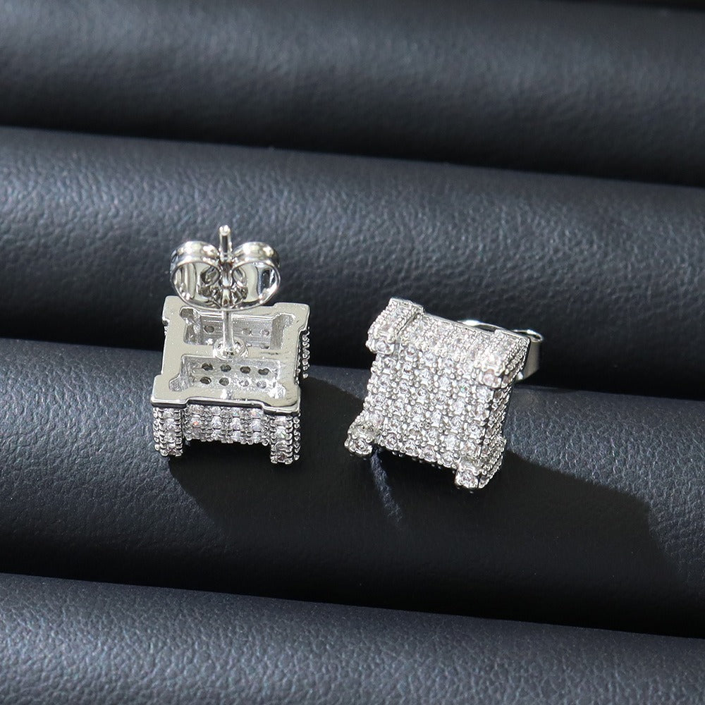 Women Iced 3D Cube Earrings In White Gold