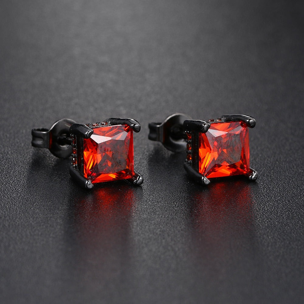 Red Stone Stud Earrings in Black Gold