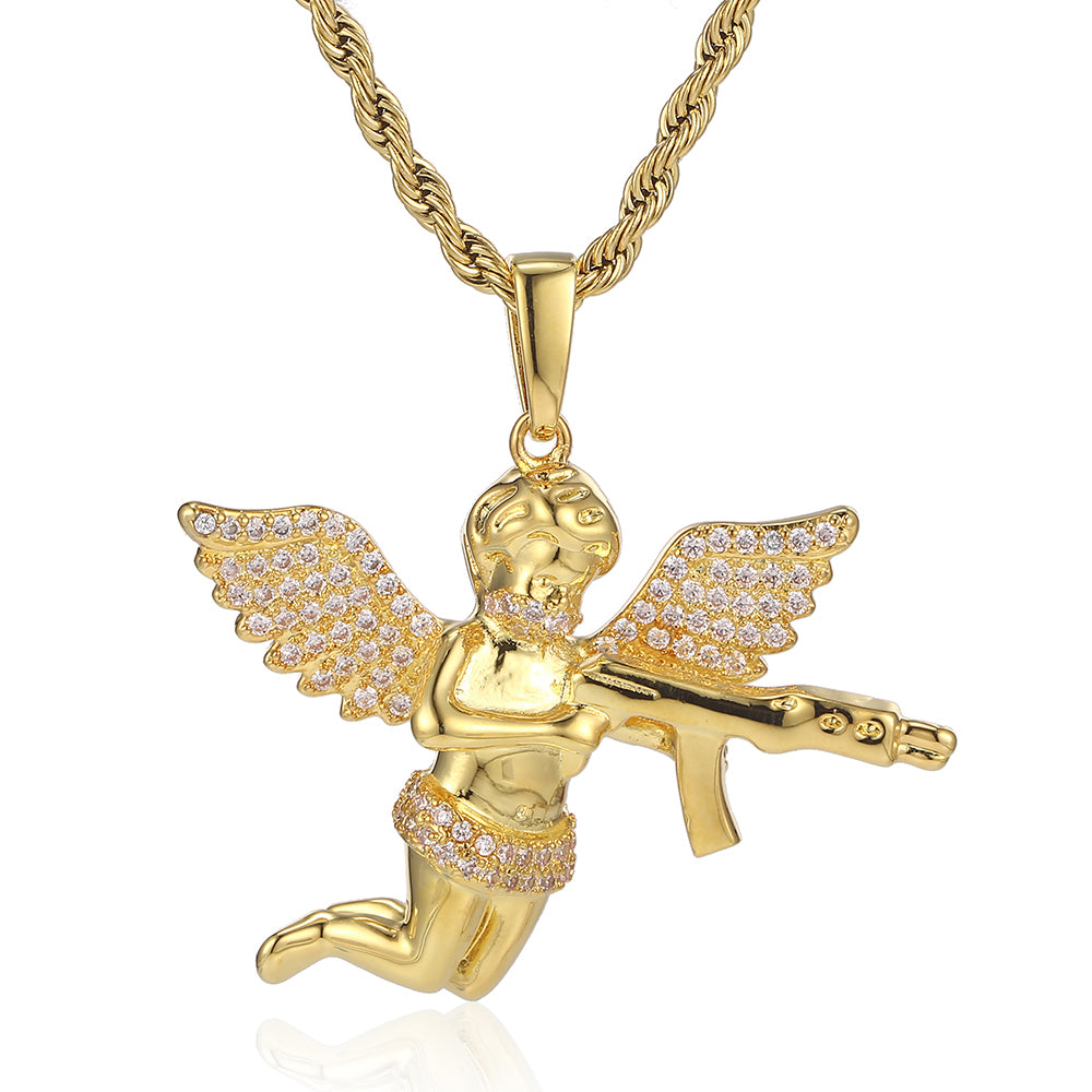 Evenge Angel Pendant Necklace - Iced Out Cupid with Hip Hop Chain