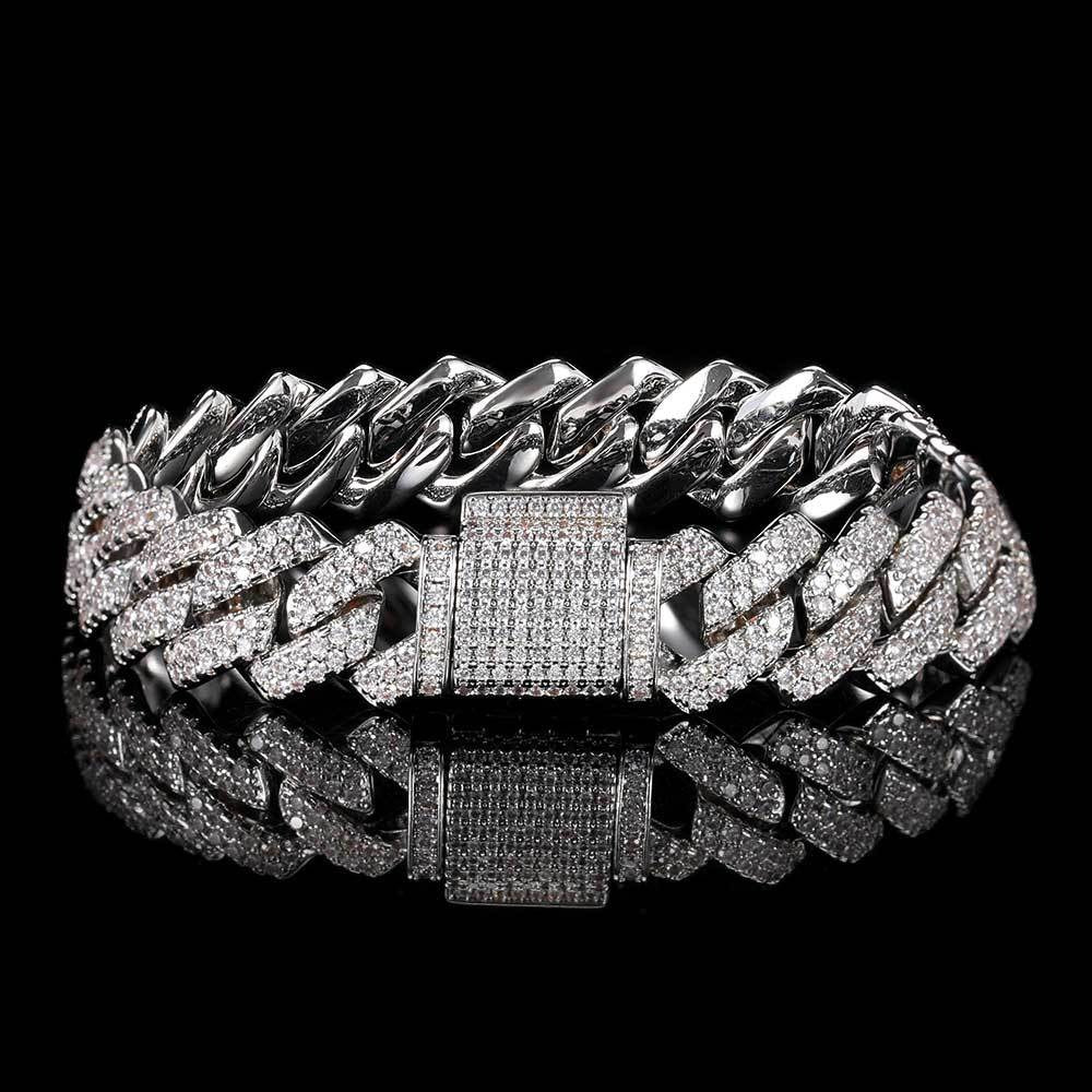 Women 14mm 2-Row Iced Prong Cuban Chain Bracelets