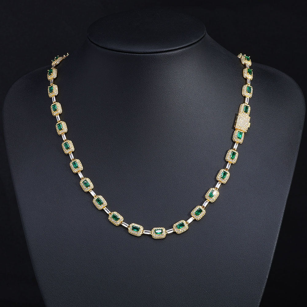 Emerald Cut Green Nano And Round White Cubic Zircon Necklace